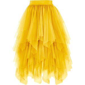 Tulle Gold Skirts for Women High Waist Elastic Midi Skirt Mesh Tutu Skirts
